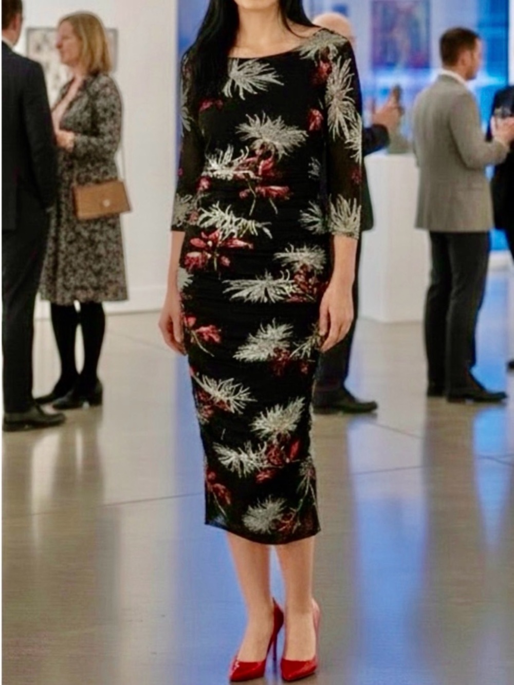 DVF Black Floral Ruched Scoop-Neck Midi Dress